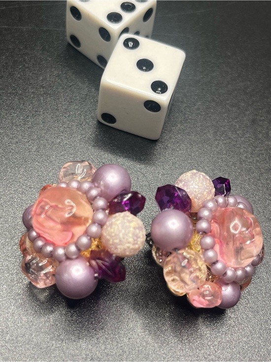 Karu Jewelry - Vintage KARU Cluster Clip On Earrings Pink Lavender Purple Beaded  statement